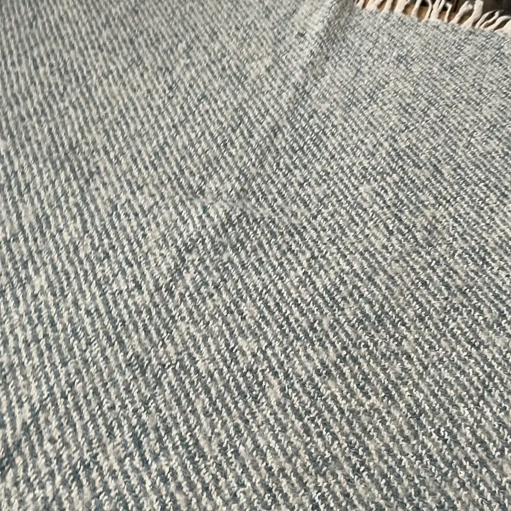 Wool Blend Lap Blanket Blue & Ivory Lush Fringe 37 x 43.5 in